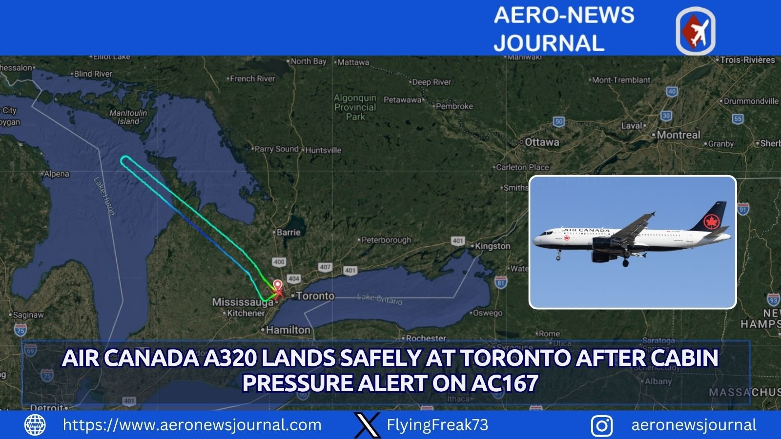 Air Canada A320 flight AC-167 returned to Toronto Pearson after a cabin pressurization issue during climb. Safe landing on 15L.