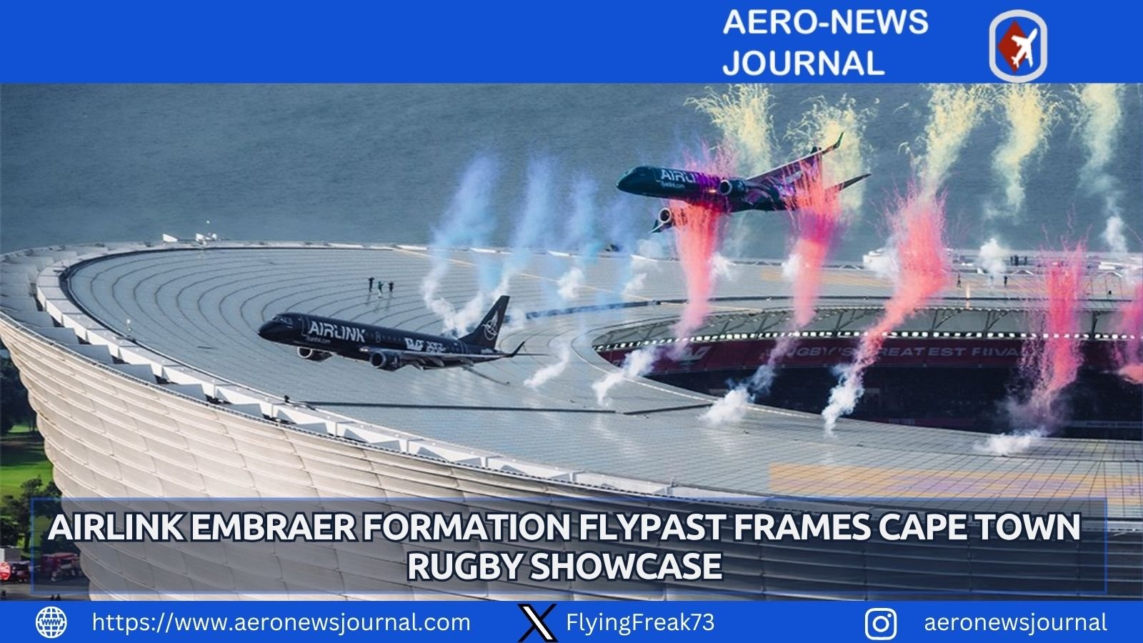 Airlink Embraer jets perform precision flypast over DHL Stadium Cape Town ahead of Springboks All Blacks rugby clash.