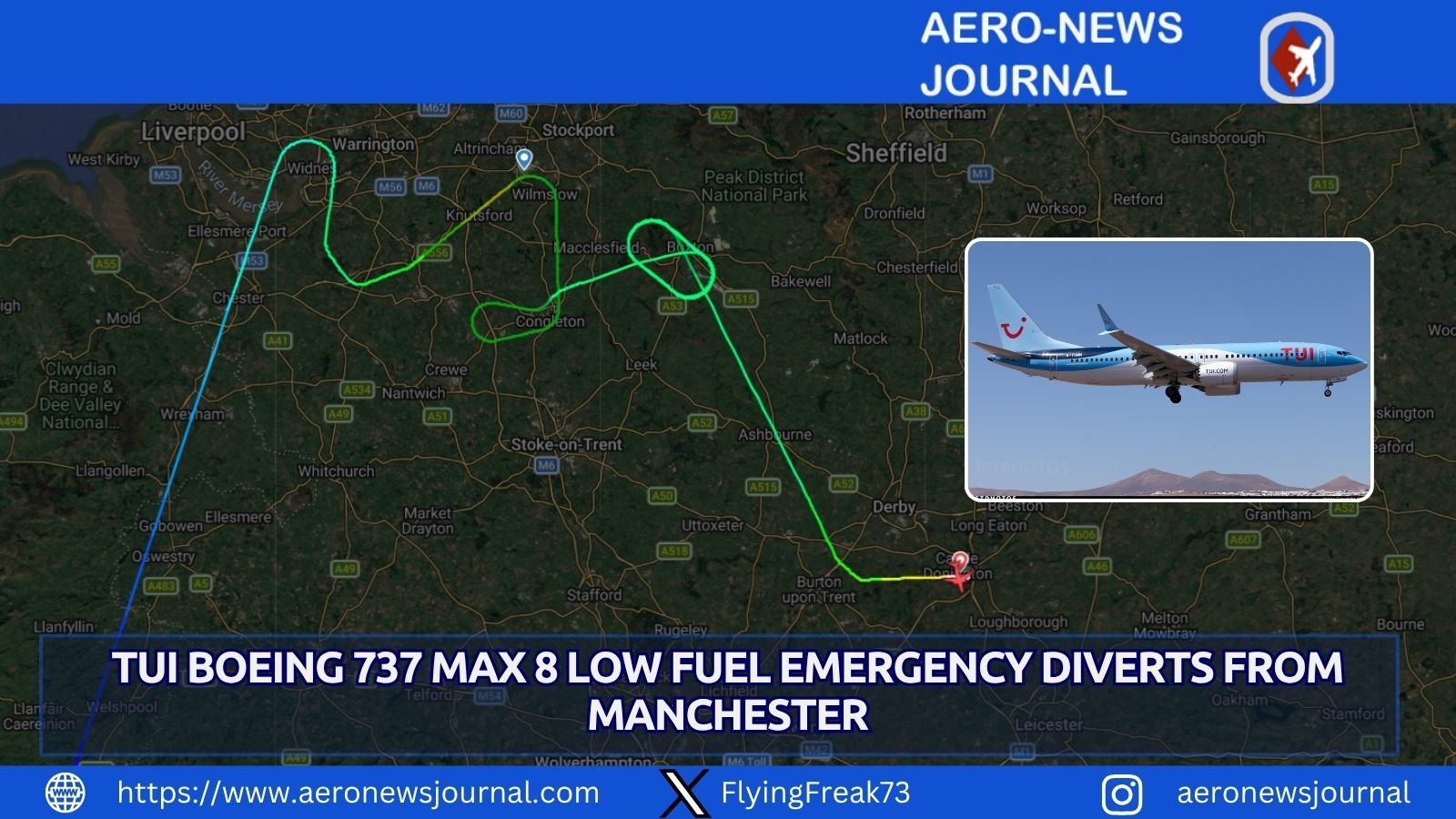 TUI Boeing 737 MAX 8 declares low fuel emergency after Manchester security breach, safely diverting to East Midlands Airport.