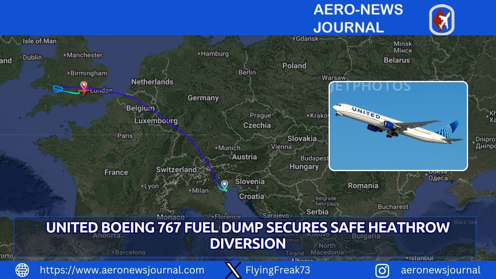 United Boeing 767 fuel dump ensures safe emergency diversion to London Heathrow amid technical issue.