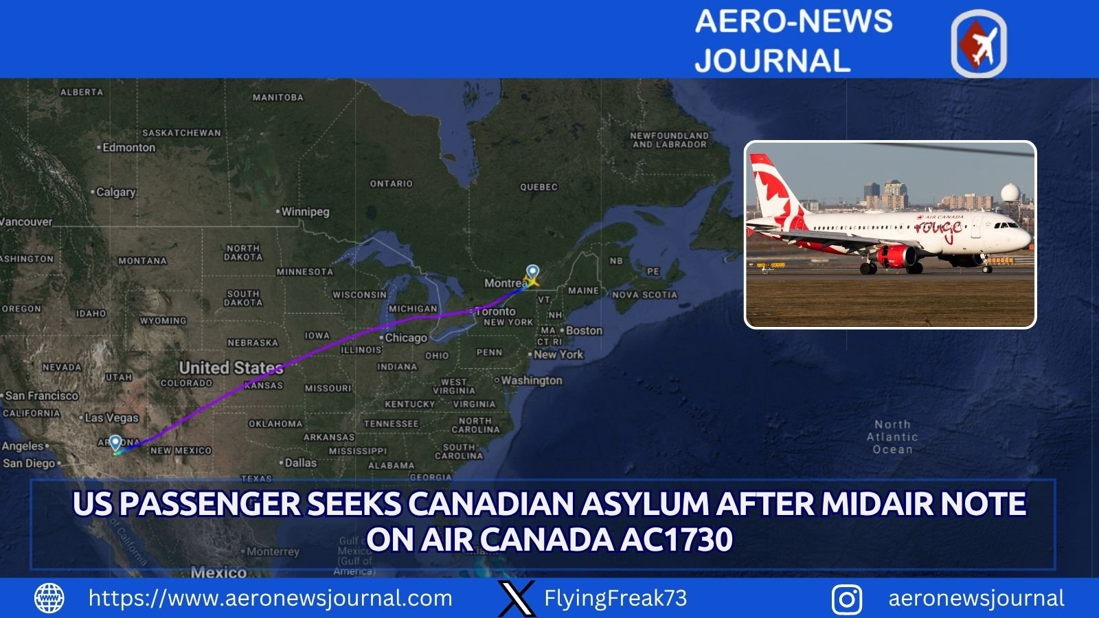 American passenger requests Canadian asylum via handwritten notes midflight on Air Canada AC1730 to Montreal.