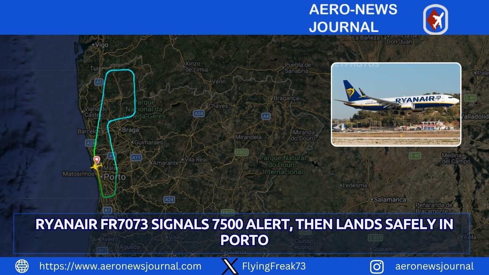 Ryanair FR7073 transmitted 7500 hijack code after Porto takeoff, returned safely in 37 minutes then flew on to Dublin.