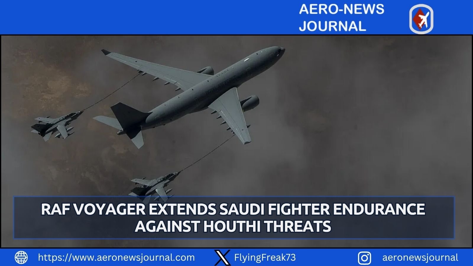 RAF Voyager tanker from Cyprus refuels Saudi Typhoons intercepting Houthi missiles and drones over airspace.