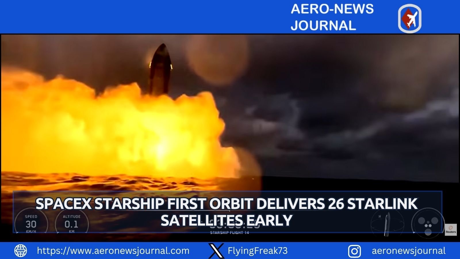 SpaceX Starship first orbit on flight 14 deploys 26 Starlink satellites before engine issue ends mission early.