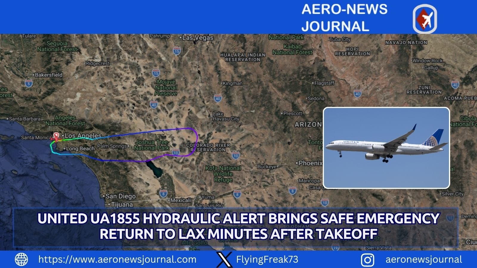 United UA1855 returns safely to LAX after hydraulic emergency minutes after takeoff. Boeing 757 lands without injuries.