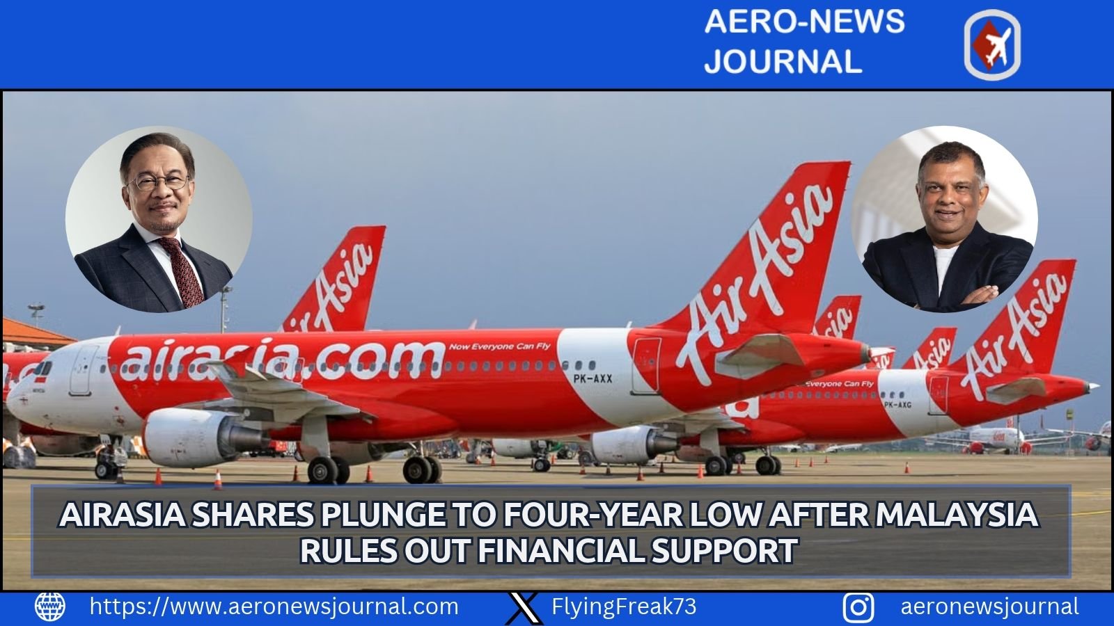 AirAsia shares hit a four-year low after Malaysia’s Anwar Ibrahim confirms no financial aid, guarantees, or loans for the budget carrier amid fuel cost pressures.