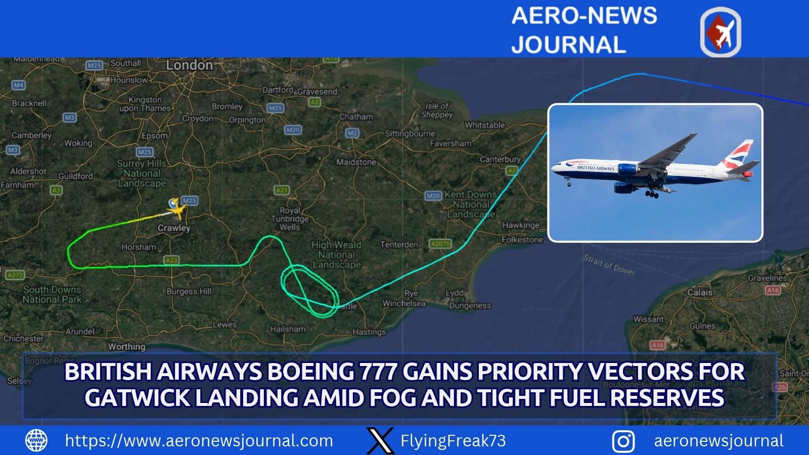 British Airways Boeing 777 secured priority Gatwick landing after fog holding and limited fuel. Safe arrival on Runway 08R.