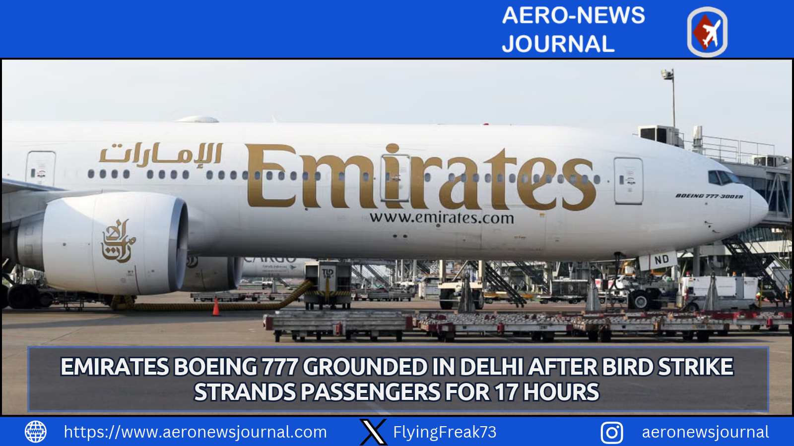 Emirates passengers faced a 17-hour delay in Delhi after a bird strike damaged a Boeing 777 nose cone, requiring repairs before the Dubai flight.
