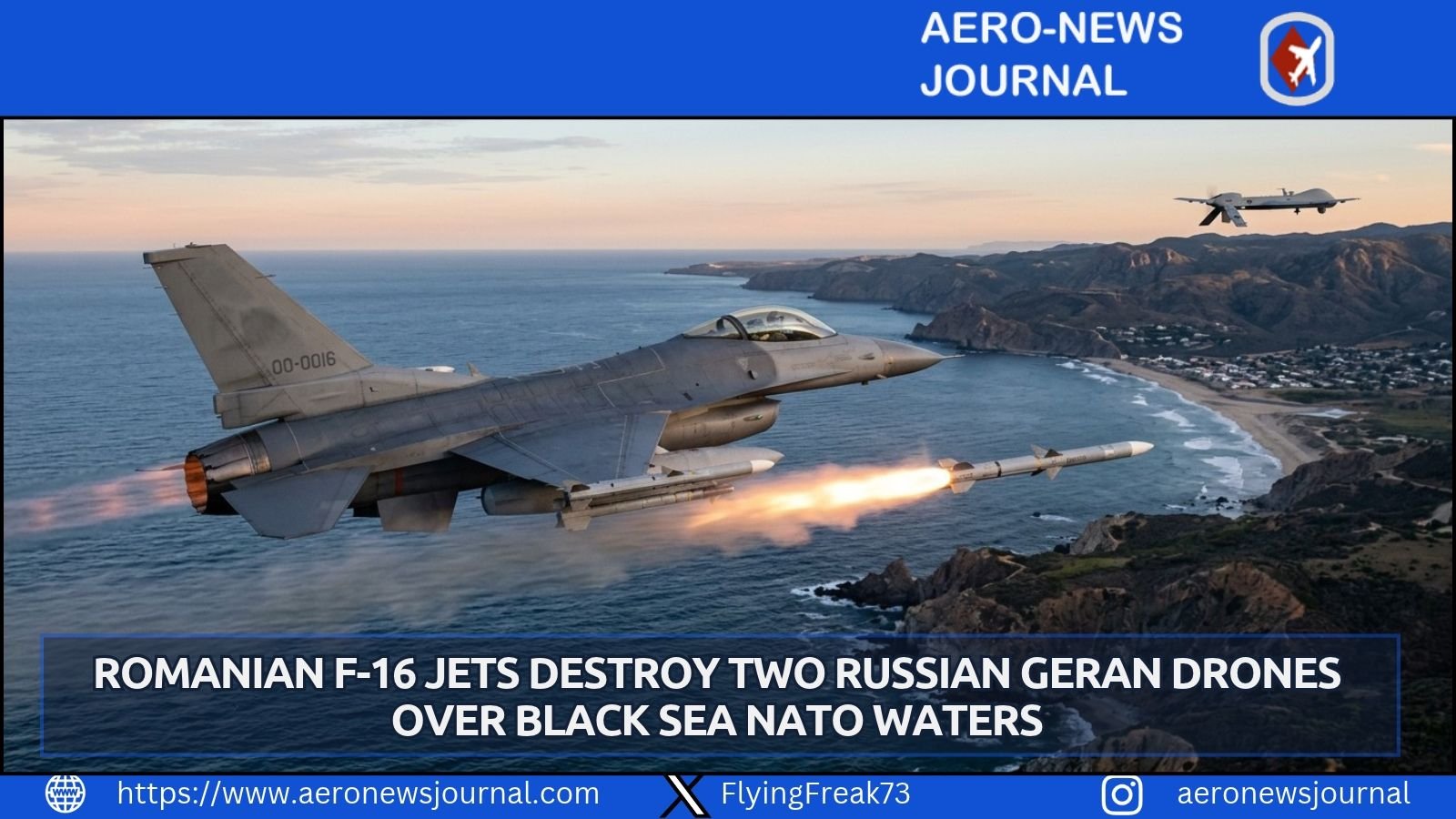 Romanian F-16 jets shot down two Russian Geran drones over Black Sea NATO waters near Sulina on Oct 17, securing airspace.